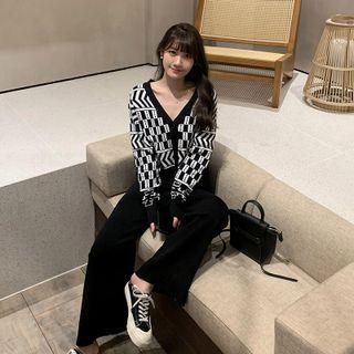 Checkered V-neck Cropped Cardigan / Wide Leg Pants