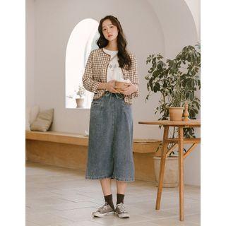 Drawstring-waist Denim Midi Skirt Blue - One Size