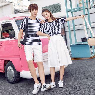 Couple Matching Short-sleeve Striped T-shirt / Shorts / A-line Midi Skirt