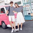 Couple Matching Short-sleeve Striped T-shirt / Shorts / A-line Midi Skirt