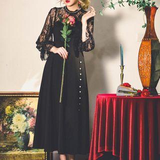 Lace Panel Slit Midi A-line Dress