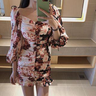 Floral Print Lantern-sleeve Ruched Mini Sheath Dress
