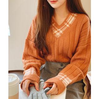 V-neck Check-trim Sweater