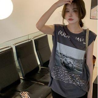 Sleeveless Lettering Print T-shirt Gray - One Size