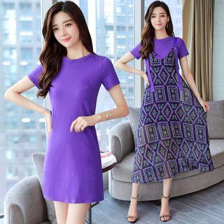 Set: Short-sleeve T-shirt Dress + Print Chiffon Jumper Dress