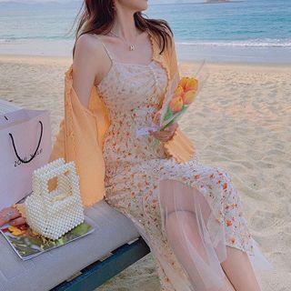 Spaghetti Strap Floral Print Mesh Panel Midi A-line Dress / Frill Trim Cardigan / Set