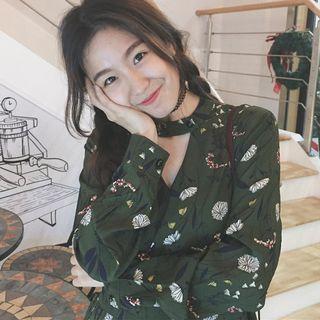 Printed Long-sleeve A-line Midi Dress