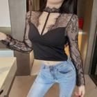 Long-sleeve Lace Panel Cutout-front Top