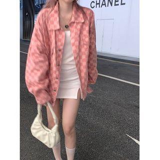 Checkerboard Denim Shirt Jacket Checkerboard - Pink - One Size