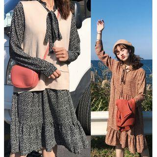 Floral Print Long-sleeve Tie-neck Dress