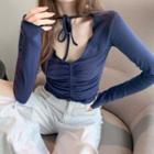 Long-sleeve Tie-neck Ruched Top Navy Blue - One Size