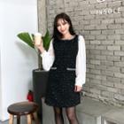 Chiffon-sleeve Tweed Dress Black - One Size