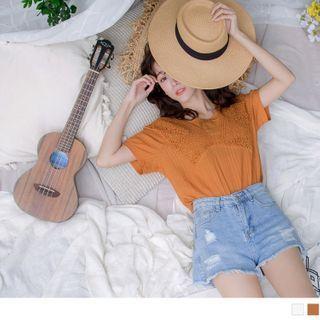 Square Collar Lace Panel Striped Top
