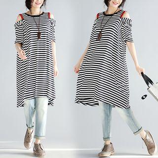 Cutout Shoulder Stripe Short-sleeve T-shirt Dress