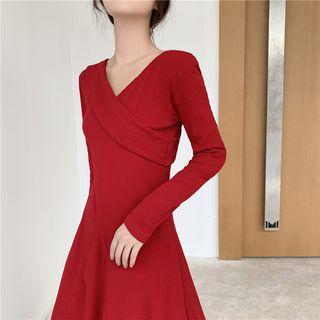 Plain V-neck Long-sleeve A-line Dress
