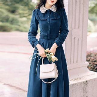 Long-sleeve Peter Pan Collar Corduroy Midi A-line Dress