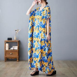 Short-sleeve Floral Print Midi A-line Dress Floral - Blue & Yellow - One Size