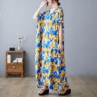 Short-sleeve Floral Print Midi A-line Dress Floral - Blue & Yellow - One Size