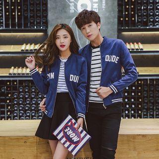 Couple Matching Lettering Zip-up Jacket