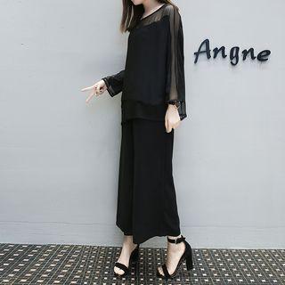 Set: Mesh Panel Long-sleeve Top + Wide Leg Pants