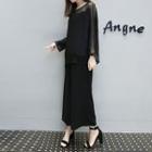 Set: Mesh Panel Long-sleeve Top + Wide Leg Pants