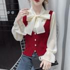 Ribbon Blouse / Buttoned Knit Vest