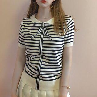 Striped Bow Accent Short Sleeve Knit Top