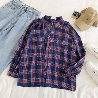 Mock Pocket Single-breasted Plaid Long-sleeve Blouse Purple - One Size