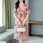 Floral Short-sleeve Lace Trim Midi A-line Dress