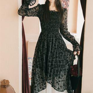 Long-sleeve Patterned Smocked Midi A-line Dress