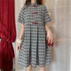 Short-sleeve Plaid Mandarin Collar A-line Dress