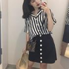 Striped Elbow Sleeve Shirt / Buttoned A-line Skirt