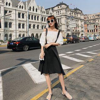 Set: Off Shoulder Elbow-sleeve T-shirt + Suspender A-line Skirt