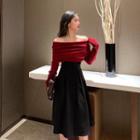 Off-shoulder Long-sleeve Knit Top/ High-waist Midi A-line Skirt