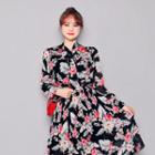 Long-sleeve Tie-front Floral Print Pleated Dress