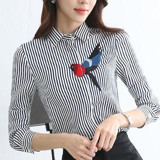 Striped Long Sleeve Embroidered Blouse