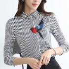 Striped Long Sleeve Embroidered Blouse