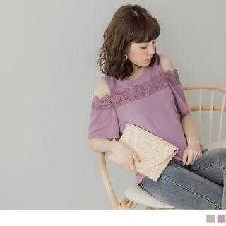 Cutout Shoulder Crochet Panel Chiffon Top