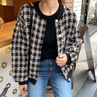 Drop-shoulder Faux-pearl Tweed Jacket Black - One Size