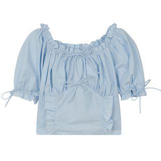 Puff-sleeve Plain Ruffled-trim Bow Ruched Cropped Shirt