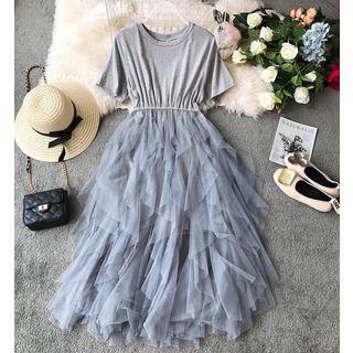 Short-sleeve Maxi Tiered Mesh Dress