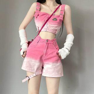 Set: Gradient Denim Crop Tank Top + High Waist Cut-out Denim Shorts