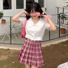Lace Trim Short-sleeve Blouse / Plaid Mini Pleated Skirt