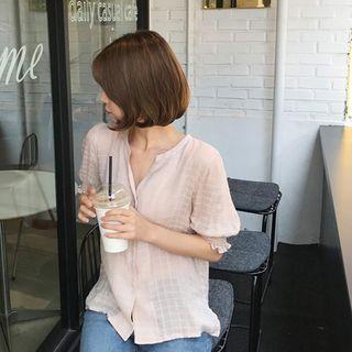 Open-placket Puff-sleeve Textured Blouse