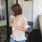 Open-placket Puff-sleeve Textured Blouse