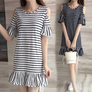 Elbow-sleeve Cold Shoulder Striped Mini Dress