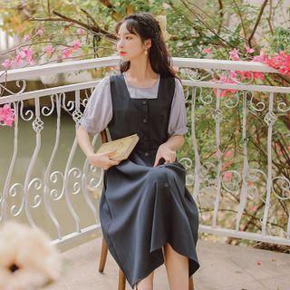 Set: Short-sleeve Blouse + Midi A-line Overall Dress