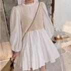 Set: Puff-sleeve Ruffled A-line Dress + Crochet Lace Camisole Top