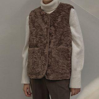 Round-neck Faux-fur Zip-up Vest
