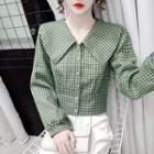 Long-sleeve Wide Collar Houndstooth Blouse